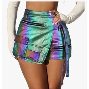 Metallic Asymmetrical Skorts Rainbow Mini Skirt Zipper Wrap Rave Retro Festival
